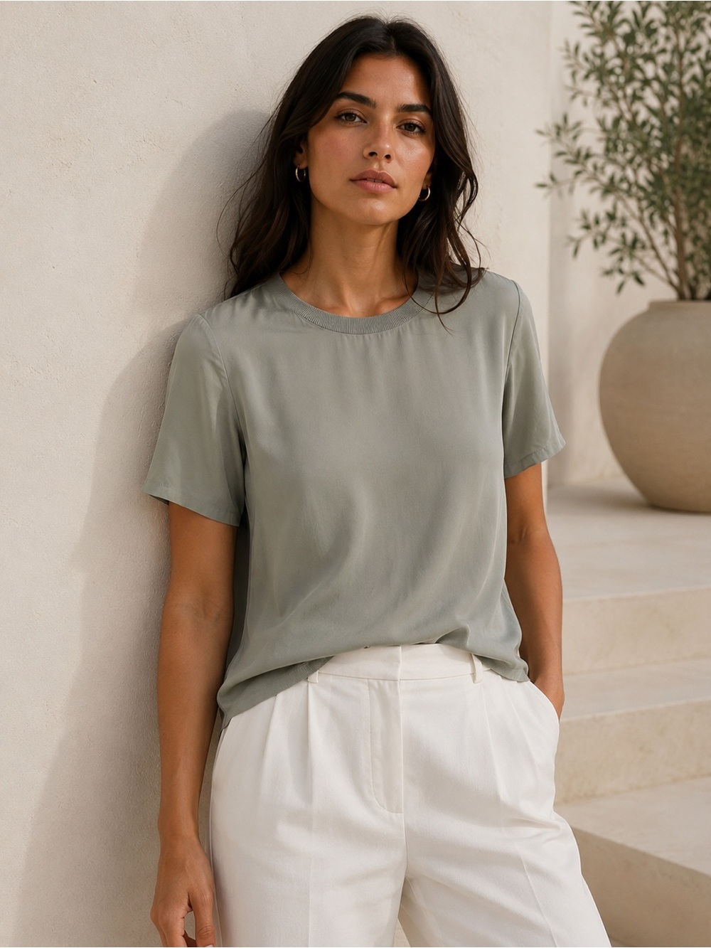 CLUB MONACO 100% Mulberry Silk Sage Green Ribbed Crewneck Blouse Top XS